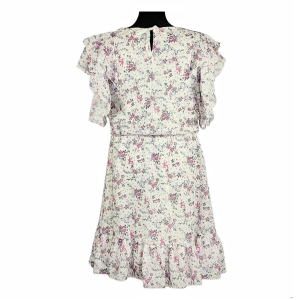 sukienka dziewczeca wizytowa ecru ze wzorem w fioletowe kwiatki i falbankami rozmiary 128 158 tyl