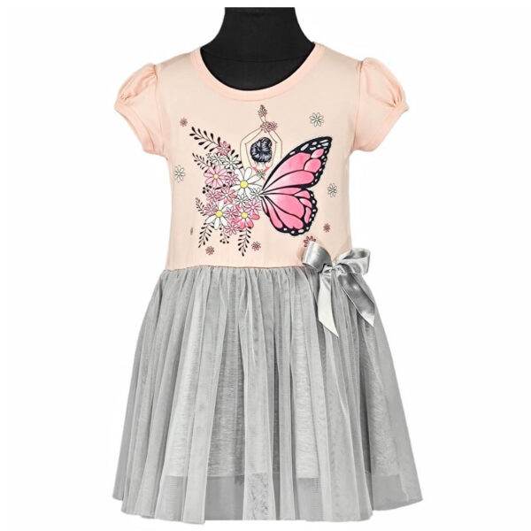 sukienka dziewczeca z krotkim rekawem brzoskwiniowa z popielatym tiulem z motylem i kokarda rozmiary 92 116 przod 1