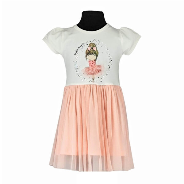 sukienka dziewczeca z krotkim rekawem ecru z brzoskwiniowym tiulem z cekinami i baletnica rozmiary 92 116 przod