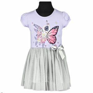 sukienka dziewczeca z krotkim rekawem fiolet z popielatym tiulem z motylem i kokarda rozmiary 92 116 przod