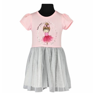 sukienka dziewczeca z krotkim rekawem rozowa z popielatym tiulem z cekinami i baletnica rozmiary 92 116 przod 1