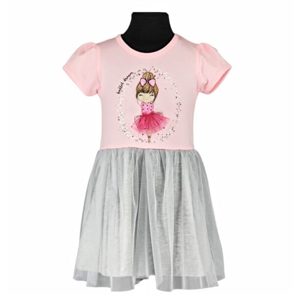 sukienka dziewczeca z krotkim rekawem rozowa z popielatym tiulem z cekinami i baletnica rozmiary 92 116 przod 1