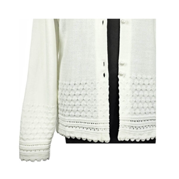 sweter dziewczecy ecru ze wzorem azurowym komunijny z dlugim rekawem rozpinany na guziki rozmiary 134 158 wzor