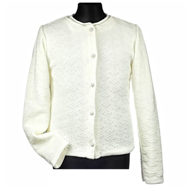 sweter dziewczecy ecru ze wzorem azurowym komunijny z dlugim rekawem rozpinany na srebrne guziki rozmiary 98 158 przod5