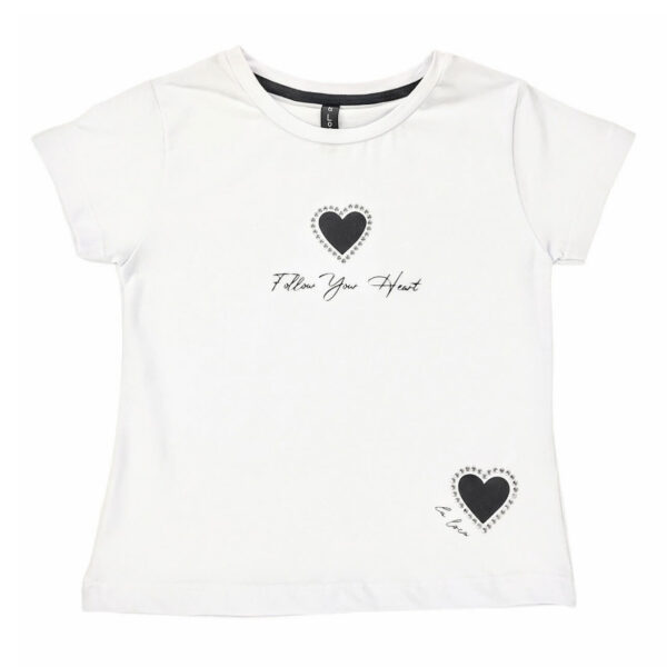 bluzka t shirt dziewczeca biala z krotkim rekawem z czarnymi serduszkami z cyrkoniami rozmiary 110 134 przod 1