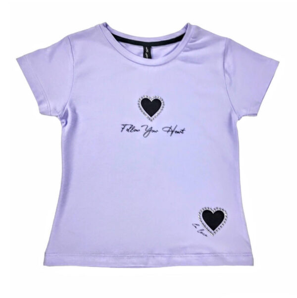 bluzka t shirt dziewczeca fioletowa z krotkim rekawem z czarnymi serduszkami z cyrkoniami rozmiary 110 134 przod