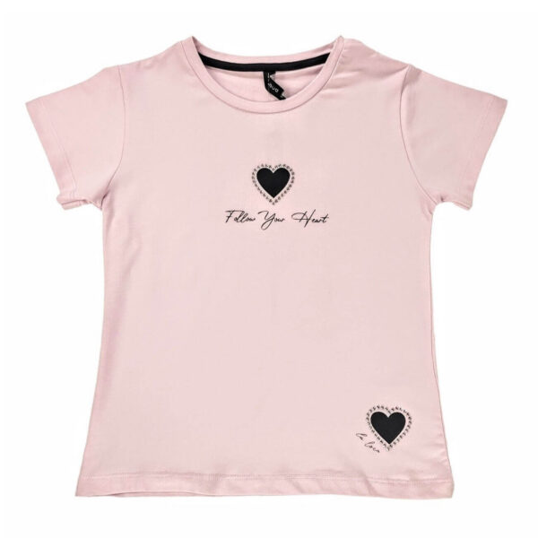 bluzka t shirt dziewczeca roz pudrowy z krotkim rekawem z czarnymi serduszkami z cyrkoniami rozmiary 140 164 przod