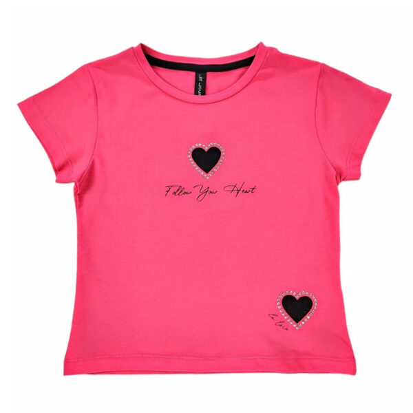bluzka t shirt dziewczeca rozowa z krotkim rekawem z czarnymi serduszkami z cyrkoniami rozmiary 110 134 przod