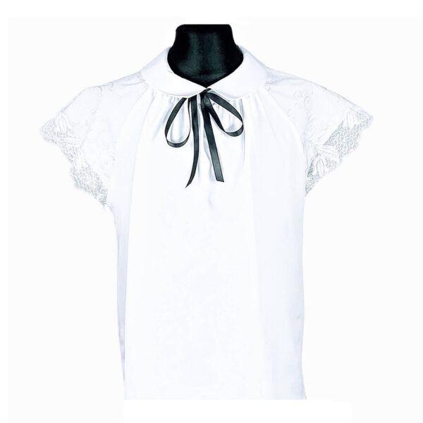 bluzka wizytowa dziewczeca biala na krotki rekawek z ozdobna koronka z kolnierzykiem rozmiary 134 164 przod2