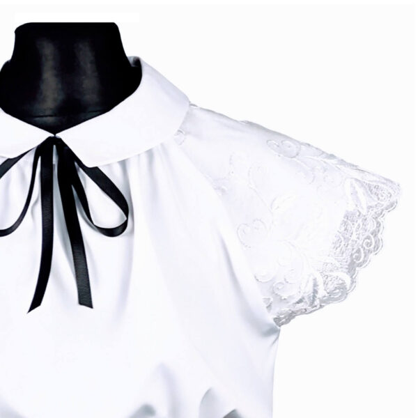bluzka wizytowa dziewczeca biala na krotki rekawek z ozdobna koronka z kolnierzykiem rozmiary 134 164 przod3