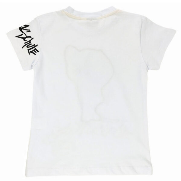 bluzka t shirt chlopieca biala z krotkim rekawem z aplikacja psa z dioda swiecaca i napisami rozmiary 104 134 tyl