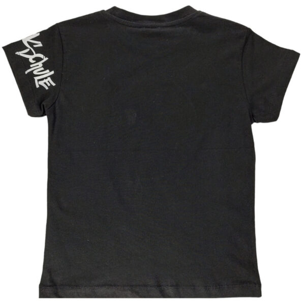 bluzka t shirt chlopieca czarna z krotkim rekawem z aplikacja psa z dioda swiecaca i napisami rozmiary 104 134 tyl