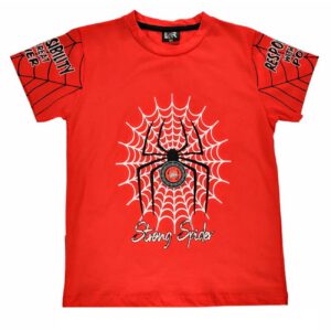 bluzka t shirt chlopieca czerwona z krotkim rekawem z dioda swiecaca z aplikacja pajaka rozmiary 104 134 przod