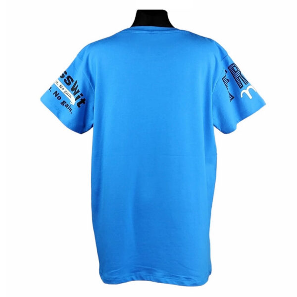 bluzka t shirt chlopieca niebieska z krotkim rekawem z napisami i z aplikacja z przodu i na rekawach rozmiary 140 164 tyl