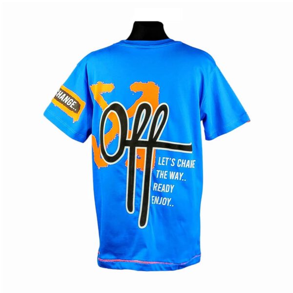 bluzka t shirt chlopieca niebieska z krotkim rekawem z napisami i z pomaranczowa aplikacja z przodu i na rekawach rozmiary 140 164 tyl