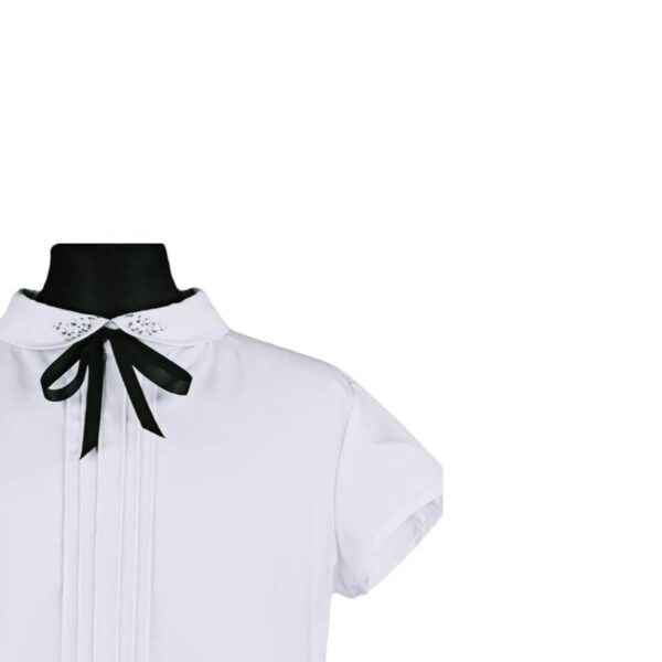 bluzka wizytowa dziewczeca biala na krotki rekawek z ozdobnymi cyrkoniami i czarna kokardka przy kolnierzyku rozmiary 128 164 przod3