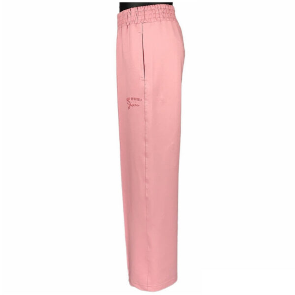 spodnie dziewczece roz pudrowy szerokie nogawki z guma w pasie i kieszeniami rozmiary 140 164 bok