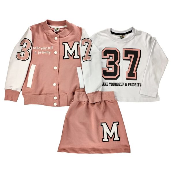 Komplet dziewczecy rozowo bialy bluza beisbolowka rozpinana na zatrzaski bluzka biala z dlugim rekawem i spodniczka sportowa z guma w pasie rozmiary 104 134 przod2
